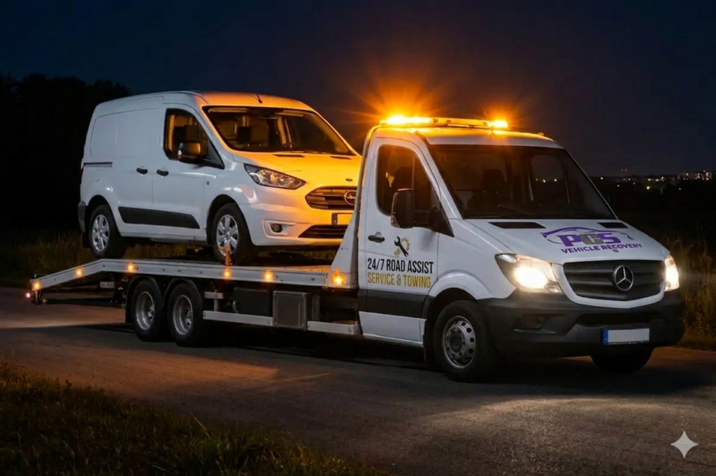 A white Mercedes-Benz recovery truck at night with glowing amber lights and headlights on, carrying a white Ford Transit van on its flatbed. The "PCS Vehicle Recovery" purple logo is prominently displayed on the truck's hood.